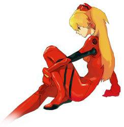 Rule 34 | 1girl, arm support, black eyes, bodysuit, bracer, breasts, expressionless, female focus, from side, gloves, hair between eyes, hair ornament, knee up, long hair, looking down, lowres, neon genesis evangelion, orange hair, pilot suit, plugsuit, profile, red hair, simple background, sitting, small breasts, solo, souryuu asuka langley, white background
