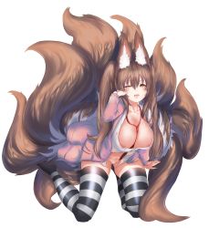 Rule 34 | 1girl, absurdres, all fours, animal ear fluff, animal ears, areola slip, between breasts, blush, breasts, brown hair, cardigan, cleavage, commission, fluffy, fox ears, fox girl, fox tail, full body, highres, large breasts, large tail, long hair, looking at viewer, multiple tails, no panties, open clothes, original, pink cardigan, plushmallow, sitting, sleepy, solo, striped clothes, striped thighhighs, tail, thighhighs, twintails, xeirn