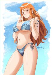 Rule 34 | 1girl, arm tattoo, artist name, bare arms, bare shoulders, bikini, blue bikini, blue sky, blush, breasts, cleavage, cloud, commentary, cowboy shot, curvy, floral print, hands up, highres, jedbanner, large breasts, long hair, looking ahead, nami (one piece), navel, one piece, orange eyes, orange hair, parted lips, print bikini, shiny skin, shoulder tattoo, side-tie bikini bottom, sky, solo, standing, stomach, swimsuit, tattoo, teeth, thighs, thong, thong bikini, underboob, wide hips