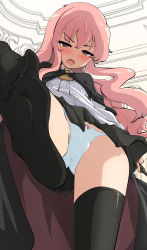 Rule 34 | 1girl, absurdres, black cape, black skirt, black thighhighs, blush, bow, bow panties, brown eyes, cameltoe, cape, collared shirt, feet, from below, hair between eyes, half-closed eyes, highres, holding, long hair, looking at viewer, looking down, louise francoise le blanc de la valliere, momio, no shoes, nose blush, open mouth, panties, pink hair, pleated skirt, shirt, skirt, soles, solo, standing, standing on one leg, teeth, thighhighs, toes, underwear, upper teeth only, upskirt, very long hair, white panties, white shirt, zero no tsukaima