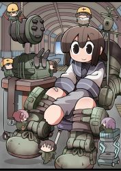 Rule 34 | 10s, 6+girls, bad id, bad pixiv id, bandaid, bandaid on knee, bandaid on leg, black hair, boots, brown hair, commentary request, coveralls, fairy (kancolle), fubuki (kancolle), gloves, hangar, hard hat, helmet, highres, jumpsuit, kakuzatou (koruneriusu), kantai collection, light stick, long hair, long sleeves, low ponytail, machinery, multiple girls, pink hair, pleated skirt, ponytail, purple hair, reading, rigging, rope, school uniform, serafuku, sidelocks, sitting, size difference, skirt, smile, socks, standing on another&#039;s head, stool, turret, twintails