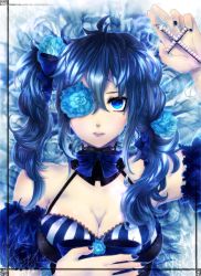 Rule 34 | 1girl, absurdres, ahoge, aiiro yozora, arm up, armpits, asymmetrical hair, bare shoulders, blue bow, blue eyes, blue flower, blue hair, blue nails, blue rose, bow, bowtie, breasts, cleavage, close-up, collar, cross, detached sleeves, dress, expressionless, eyepatch, facial mark, female focus, fingernails, flower, framed, hair between eyes, hair bow, hair flower, hair ornament, halterneck, hand on own chest, highres, holding, large breasts, lips, long hair, long image, looking at viewer, lying, matching hair/eyes, mole, mole under eye, nail polish, on back, one eye covered, original, parted lips, puffy sleeves, rose, solo, striped clothes, striped dress, tall image, twintails, upper body, vertical stripes