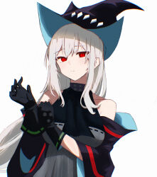 1girl absurdres aqua_hat arknights ascariiel bare_shoulders gloves grey_hair hair_between_eyes hat highres long_hair looking_at_viewer orca pointy_hat red_eyes simple_background skadi_(arknights) solo very_long_hair white_hair