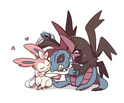 Rule 34 | :3, all fours, blank eyes, blush stickers, bow, cheek-to-cheek, chibi, clenched teeth, creatures (company), dragon, closed eyes, fang, full body, game freak, gen 5 pokemon, gen 6 pokemon, heads together, heart, hydreigon, multiple heads, nintendo, no humans, pokemon, pokemon (creature), purple eyes, ribbon, simple background, sitting, smile, ssalbulre, sweat, sylveon, tail, teeth, trembling, white background, wings