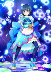 Rule 34 | 1girl, ankle boots, aqua eyes, back bow, blue bow, blue dress, blue footwear, blue hair, blue pantyhose, bob cut, boots, bow, brooch, closed mouth, commentary, cure spicy, delicious party precure, dress, full body, fuwa kokone, gloves, hair ornament, hairclip, heart, heart brooch, high heel boots, high heels, highres, huge bow, jewelry, light particles, looking at viewer, magical girl, medium dress, pam-pam (precure), pantyhose, precure, puffy short sleeves, puffy sleeves, short hair, short sleeves, smile, solo, standing, tirofinire, white gloves