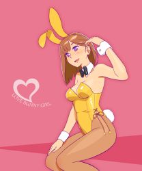 Rule 34 | 1girl, animal ears, black bow, black bowtie, bob cut, bow, bowtie, breasts, brown hair, brown pantyhose, detached collar, fake animal ears, feet out of frame, fukusuke hachi-gou, highres, leotard, medium breasts, original, pantyhose, pink background, playboy bunny, purple eyes, rabbit ears, rabbit girl, rabbit tail, short hair, simple background, sitting, solo, strapless, strapless leotard, tail, wrist cuffs, yellow leotard