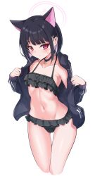 Rule 34 | 1girl, animal ears, bare shoulders, bikini, bikini under clothes, black bikini, black choker, black hair, black jacket, blue archive, blush, breasts, cameltoe, cat ears, choker, closed mouth, collarbone, cropped legs, extra ears, frilled bikini, frills, gluteal fold, halo, highres, jacket, kazusa (blue archive), long sleeves, looking at viewer, multicolored hair, navel, off shoulder, open clothes, open jacket, pink hair, puffy long sleeves, puffy sleeves, purple eyes, rumiya9i, simple background, sleeves past wrists, small breasts, solo, sweat, swimsuit, thigh gap, two-tone hair, white background