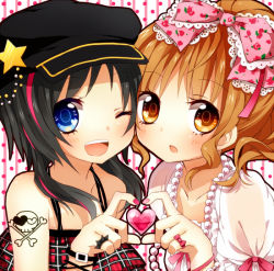 Rule 34 | 2girls, bad id, bad pixiv id, black hair, blue eyes, blush, bow, brown eyes, brown hair, dress, hair bow, hat, heart, heart hands, heart hands duo, hinase haruka, jewelry, long hair, multiple girls, necklace, open mouth, original, smile, wink