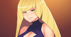 Rule 34 | 1girl, alternate breast size, alternate costume, bare arms, blonde hair, breasts, cleavage, cleavage cutout, clothing cutout, commentary request, covered collarbone, creatures (company), eyelashes, game freak, green eyes, hwa na jung, korean commentary, long hair, looking at viewer, lusamine (pokemon), mature female, nintendo, parted lips, pokemon, pokemon sm, sleeveless, smile, solo, turtleneck, upper body