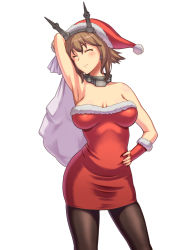 Rule 34 | 10s, 1girl, ^ ^, alternate costume, arm up, armpits, arms up, bare arms, bare shoulders, blush, breasts, brown hair, christmas, cleavage, closed eyes, detached sleeves, dress, closed eyes, female focus, hair between eyes, hairband, hand on own hip, happy, hat, headgear, highres, holding, holding sack, imada hidehito, jewelry, kantai collection, mutsu (kancolle), neck, neck ring, pantyhose, red dress, sack, santa costume, santa hat, short dress, short hair, smile, solo, standing, strapless, strapless dress