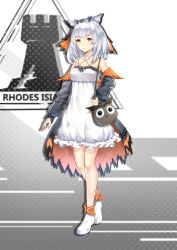 Rule 34 | 1girl, animal bag, animal ears, arknights, bag, bare shoulders, boots, breasts, brown eyes, chahei, collarbone, commentary request, criss-cross halter, dress, frilled dress, frills, full body, grey jacket, halterneck, highres, jacket, long sleeves, looking away, off shoulder, open clothes, open jacket, owl ears, parted lips, ptilopsis (arknights), puffy long sleeves, puffy sleeves, shoulder bag, silver hair, sleeves past wrists, small breasts, solo, standing, white dress, white footwear