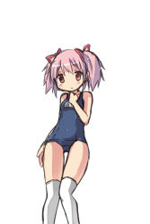 Rule 34 | 10s, 1girl, bad id, bad pixiv id, blush, hair ribbon, kaname madoka, knees together feet apart, kyabechi, legs together, mahou shoujo madoka magica, mahou shoujo madoka magica (anime), one-piece swimsuit, pink eyes, pink hair, ribbon, school swimsuit, short twintails, simple background, solo, swimsuit, thigh gap, thighhighs, translation request, twintails, white background