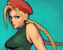 Rule 34 | 1girl, bare shoulders, beret, blonde hair, braid, breasts, cammy white, capcom, female focus, gradient background, green eyes, hat, leotard, lips, long hair, medium breasts, ogami, portrait, scar, simple background, solo, street fighter, twin braids, upper body