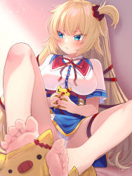 Rule 34 | 1girl, akai haato, akai haato (1st costume), bare legs, barefoot, blonde hair, blue eyes, blue skirt, blush, breasts, cellphone, commentary request, dress shirt, feet, fingernails, foot focus, foreshortening, full body, haaton (akai haato), hair ribbon, high-waist skirt, highres, holding, holding phone, hololive, large breasts, long hair, looking away, magowasabi, nail polish, neck ribbon, one side up, panties, phone, red nails, red ribbon, ribbon, shirt, short sleeves, sidelocks, sitting, skirt, smartphone, solo, stuffed animal, stuffed toy, thigh strap, toes, underwear, very long hair, virtual youtuber, white panties, white shirt