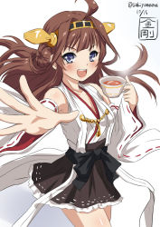 Rule 34 | &gt;:d, 10s, 1girl, :d, ahoge, bare shoulders, blue eyes, brown hair, character name, dated, detached sleeves, double bun, kantai collection, kongou (kancolle), long hair, nontraditional miko, open mouth, sakiyamama, skirt, smile, solo, tea, twitter username, v-shaped eyebrows