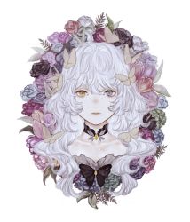 Rule 34 | black bow, bow, brown eyes, bug, butterfly, butterfly on head, flower, grey eyes, heterochromia, highres, insect, long hair, original, portrait, shirone (coxo ii), simple background, white background, white hair