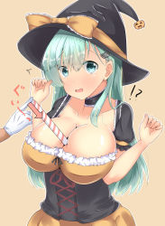 Rule 34 | 10s, 1girl, aqua eyes, aqua hair, artist request, breasts, candy, candy cane, female focus, food, halloween, hat, highres, kantai collection, large breasts, long hair, solo, suzuya (kancolle), sweets, witch hat