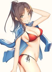 Rule 34 | 1girl, arm behind head, bikini, blue suit, breasts, brown eyes, brown hair, cleavage, cowboy shot, formal, from side, high ponytail, large breasts, long hair, looking at viewer, navel, original, pallad, red bikini, simple background, smile, solo, suit, swimsuit, track suit, white background