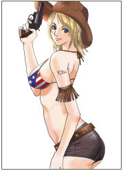 Rule 34 | 1girl, ass, bikini, bikini top only, blonde hair, breasts, cowboy hat, dead or alive, fingernails, gun, hat, highres, homare (fool&#039;s art), large breasts, lipstick, makeup, midriff, shorts, sideboob, simple background, smile, solo, swimsuit, tattoo, tecmo, tina armstrong, unbuttoned, weapon, white background