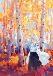 Rule 34 | 1girl, animal ears, autumn, autumn leaves, bare shoulders, black skirt, blue hair, blue sky, blush, closed mouth, cloud, cloudy sky, detached sleeves, fjsmu, forest, hair between eyes, highres, inubashiri momiji, leaf, long sleeves, looking to the side, mountain, multicolored hair, nature, no headwear, orange hair, orange theme, pointy ears, pom pom (clothes), red eyes, red skirt, scenery, shirt, short hair, skirt, sky, solo, standing, touhou, tree, white hair, white shirt, wide sleeves, wolf ears