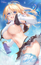 Rule 34 | 1girl, ayase eli, blonde hair, blue eyes, bottle, breasts, clothes lift, commentary request, crop top, dated, floating hair, flying sweatdrops, from below, from side, glasses, hair ornament, hair scrunchie, highres, hozumi kaoru, large breasts, layered skirt, leaning forward, light blush, linea alba, long hair, looking at viewer, love live!, microskirt, midriff, navel, outdoors, panties, ponytail, revealing clothes, scrunchie, shirt lift, signature, skirt, sky, solo, stomach, sunlight, swept bangs, tareme, thighhighs, underboob, underwear, water bottle, water drop, white panties, white thighhighs, zettai ryouiki