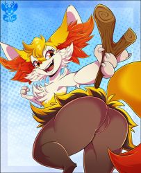 Rule 34 | 1girl, animal ears, artist name, ass, blue background, braixen, breasts, claws, creatures (company), fox ears, fox tail, from behind, from below, furry, furry female, game freak, gen 6 pokemon, gradient background, hand up, highres, nintendo, no pussy, open mouth, outstretched arm, pokemon, pokemon (creature), pokemon xy, simple background, small breasts, smile, solo, standing, stick, tail, teeth, text focus, tongue, white background, xnirox, yellow eyes