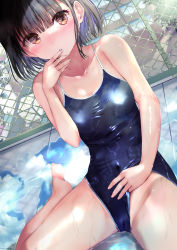 Rule 34 | 1girl, absurdres, black hair, blue one-piece swimsuit, blush, brown eyes, chain-link fence, clothes pull, commentary request, competition school swimsuit, dutch angle, embarrassed, fence, frontal wedgie, highres, nose blush, ogata tei, one-piece swimsuit, one-piece swimsuit pull, one-piece tan, original, school swimsuit, short hair, sitting, solo, swimsuit, tan, tanline, wariza, wedgie, wet, wet clothes, wet swimsuit