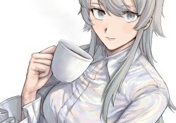 Rule 34 | 1girl, alternate costume, breasts, closed mouth, coffee, commentary, cup, grey eyes, grey hair, highres, holding, holding cup, kantai collection, long hair, long sleeves, looking at viewer, medium breasts, mug, nidou, shirt, simple background, solo, symbol-only commentary, upper body, washington (kancolle), white background, white shirt