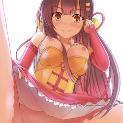 Rule 34 | 1girl, arm warmers, breasts, breasts out, brown eyes, brown hair, closed mouth, clothes pull, flower knight girl, highres, ionocidium (flower knight girl), long hair, looking at viewer, medium breasts, nipples, no panties, nyabe, out-of-frame censoring, pink skirt, shirt pull, simple background, skirt, smile, solo, spread legs, white background