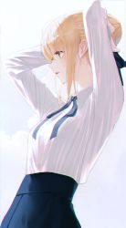 Rule 34 | 1girl, adjusting hair, arms behind head, arms up, artoria pendragon (all), artoria pendragon (fate), blonde hair, chromatic aberration, cloud, collared shirt, fate/stay night, fate (series), green eyes, high-waist skirt, highres, looking afar, neck ribbon, parted lips, ribbon, saber (fate), shirt, shirt tucked in, short hair, sidelighting, sidelocks, simple background, skirt, solo, sul ( 20sub), sweat, upper body, white background, white shirt