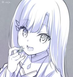 Rule 34 | 1girl, censored, commentary request, copyright request, grey background, greyscale, hair ornament, hairclip, hand up, highres, holding, long hair, long sleeves, looking at viewer, mimura zaja, monochrome, mosaic censoring, simple background, solo, twitter username, upper body, virtual youtuber, wide sleeves