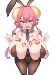 Rule 34 | 1girl, 2023, animal ears, bare shoulders, black leotard, black necktie, body writing, breasts, brown pantyhose, cleavage, commentary request, dragon girl, dragon horns, fake animal ears, highres, horns, huge breasts, ilulu (maidragon), karatakewari, kobayashi-san chi no maidragon, leotard, long hair, looking at viewer, necktie, open mouth, pantyhose, playboy bunny, pointy ears, rabbit ears, red eyes, red hair, sharp teeth, solo, teeth, thick thighs, thighs, upper teeth only, wide hips