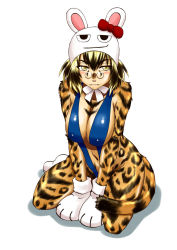 Rule 34 | 10s, 1girl, animal hands, animal hat, black hair, blonde hair, blue one-piece swimsuit, blush, breasts, breasts squeezed together, cat tail, covered erect nipples, fangs, full body, furry, furry female, gate - jieitai ka no chi nite kaku tatakaeri, glasses, gloves, hat, highres, huge breasts, monster girl, multicolored hair, navel, one-piece swimsuit, paw gloves, paw shoes, persia (gate), pince-nez, rabbit hat, sao satoru, shadow, shoes, simple background, sitting, slingshot swimsuit, slit pupils, solo, swimsuit, tail, white background, yellow eyes
