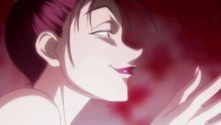 Rule 34 | 1girl, animated, animated gif, baise, earrings, gradient background, green eyes, hunter x hunter, jewelry, licking lips, lips, purple hair, solo, tongue, tongue out