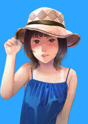 Rule 34 | 1girl, blue camisole, blunt bangs, blush, brown eyes, brown hair, brown hat, camisole, commentary request, hand up, hat, highres, looking at viewer, medium hair, original, simple background, solo, straw hat, sweat, tongue, tongue out, torii yoshitsuna, upper body, white background