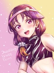 Rule 34 | 1girl, blush, breasts, ckst, commentary, dazzling white town, earrings, english text, gradient background, highres, jewelry, kazuno leah, looking at viewer, love live!, love live! sunshine!!, low ponytail, midriff, multicolored hair, pink background, pink eyes, purple hair, small breasts, smile, solo, song name, streaked hair, symbol-only commentary, visor cap, yellow background