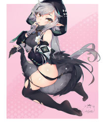 Rule 34 | 1girl, arknights, ass, bare shoulders, between legs, black thighhighs, breasts, crocodilian tail, detached sleeves, gloves, goggles, goggles around neck, grey gloves, grey hair, highres, hood, jiujiuyatou (yayanzz), large tail, long hair, long sleeves, looking at viewer, looking back, medium breasts, no shoes, partially fingerless gloves, pointy ears, puffy sleeves, sidelocks, skindentation, solo, tail, tail between legs, thighhighs, thighs, tomimi (arknights), torn clothes, torn thighhighs, very long hair, yellow eyes