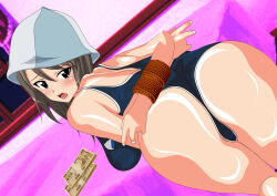 Rule 34 | 1girl, arms behind back, ass, blush, bound, brown eyes, brown hair, from behind, girls und panzer, highres, looking back, mevius9, mika (girls und panzer), money, one-piece swimsuit, open mouth, restrained, solo, swimsuit, tulip hat
