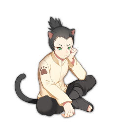Rule 34 | 1boy, animal ears, black footwear, black hair, black pants, boruto: naruto the movie, cat boy, cat ears, cat tail, full body, green eyes, greetload, hand on own cheek, hand on own face, head rest, high collar, kemonomimi mode, long hair, long sleeves, male focus, nara shikadai, naruto, naruto (series), toeless footwear, pants, paw print, pout, shirt, shoes, simple background, sitting, solo, tail, toes
