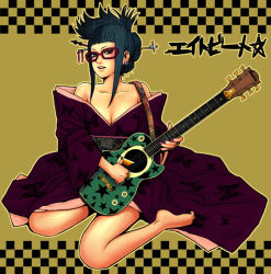 Rule 34 | 1girl, acoustic guitar, bare shoulders, barefoot, blue hair, breasts, cleavage, glasses, guitar, instrument, itou eito, japanese clothes, kimono, kneeling, solo