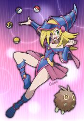 Rule 34 | 1girl, artist name, bare shoulders, blonde hair, blue footwear, blue headwear, blush stickers, breasts, capelet, cleavage, creatures (company), dark magician girl, duel monster, full body, game freak, great ball, green eyes, gs ball, hair between eyes, hat, highres, kuriboh, long hair, looking at viewer, medium breasts, nintendo, one eye closed, open mouth, outstretched arm, parody, pentagram, pink skirt, poke ball, poke ball (basic), pokemon, siczak, skirt, smile, striped, striped background, style parody, sugimori ken (style), ultra ball, wizard hat, yu-gi-oh!, yu-gi-oh! duel monsters