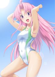 Rule 34 | 1girl, ahoge, alice soft, alternate costume, armpits, arms behind head, blue sky, breasts, collarbone, commentary request, competition swimsuit, covered navel, cowboy shot, day, gradient sky, head tilt, highleg, highleg swimsuit, legs apart, liliam mcbarn, long hair, looking at viewer, mottio, one-piece swimsuit, outdoors, parted bangs, pastel chime 3, pink eyes, pink hair, pointy ears, purple eyes, sky, small breasts, solo, standing, sun, swimsuit, two side up, very long hair, white one-piece swimsuit