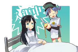 Rule 34 | 10s, 2girls, apple, apron, arm warmers, asashio (kancolle), bandages, bed, black hair, blanket, closed eyes, food, fruit, hachi (8bit canvas), hat, hospital bed, kantai collection, long sleeves, multiple girls, ooshio (kancolle), open mouth, peeling, short sleeves, shorts, sitting, standing, visor cap