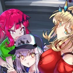 Rule 34 | absurdres, baobhan sith (fate), barghest (fate), blonde hair, breasts, ebora, fate/grand order, fate (series), grey eyes, heterochromia, highres, horns, huge breasts, long hair, looking at viewer, melusine (fate), multiple girls, pink hair, pointy ears, small breasts, white hair, yellow eyes