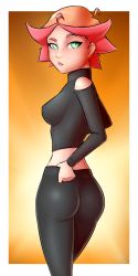 Rule 34 | 1girl, absurdres, adjusting clothes, amanda o&#039;neill, ass, border, breasts, covered erect nipples, gradient background, green eyes, highres, little witch academia, looking at viewer, medium breasts, midriff, multicolored hair, orange hair, outside border, pants, parted lips, pink hair, pudgeruffian, raised eyebrow, solo, tight clothes, tight pants, turtleneck, white border