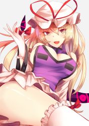 Rule 34 | 1girl, ass, bare shoulders, blonde hair, bow, breasts, cleavage, commentary request, frilled thighhighs, frills, gap (touhou), gloves, grey background, hair between eyes, hat, hat ribbon, highres, large breasts, long hair, mob cap, open mouth, red bow, red ribbon, ribbon, satou rin (gobugabuge), simple background, smile, solo, tabard, thighhighs, thighs, touhou, white gloves, white thighhighs, yakumo yukari, yellow eyes