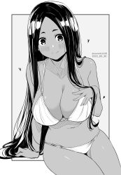 Rule 34 | 1girl, bikini, blush, closed mouth, collarbone, commentary request, dark-skinned female, dark skin, dated, grey background, greyscale, highres, kichihachi, long hair, looking at viewer, monochrome, navel, original, sitting, smile, swimsuit, thighs, twitter username, two-tone background, very long hair, white background