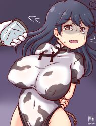 Rule 34 | 1girl, 1other, ahoge, alternate costume, animal print, artist logo, black background, black hair, bound, bound arms, breast pump, breasts, brown eyes, china dress, chinese clothes, covered erect nipples, covered navel, cow print, cowboy shot, dated, dress, gradient background, kanon (kurogane knights), kantai collection, large breasts, long hair, milking machine, one-hour drawing challenge, rope, shaded face, tears, tied up (nonsexual), ushio (kancolle), white dress