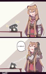 Rule 34 | 1girl, 2koma, absurdres, animal ears, antique phone, artist name, belt, brown hair, comic, gar32, gloves, highres, holding, holding phone, indonesian text, long hair, looking down, phone, raccoon ears, raccoon girl, raphtalia, red eyes, red ribbon, ribbon, rotary phone, signature, simple background, smile, solo, table, talking on phone, tate no yuusha no nariagari, very long hair