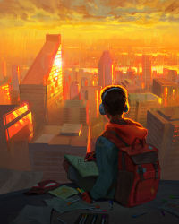 Rule 34 | 1boy, bag, bookbag, city, cityscape, commentary, dark-skinned male, dark skin, devin elle kurtz, drawing, english commentary, evening, from behind, headphones, highres, holding, holding marker, holding pencil, hood, hood down, hoodie, male focus, marker, marvel, miles morales, orange sky, paper, pencil, red hoodie, sky, skyline, solo, spider-man: into the spider-verse, spider-man (series), spider-verse, very dark skin